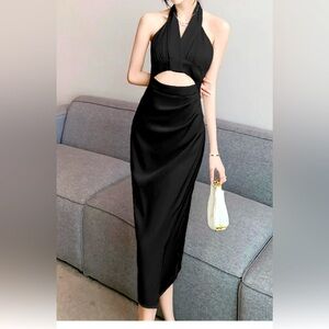 NWT Satin Halter Sleeveless Open-Waist Slim Dress